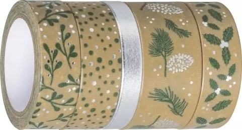 Тиксо за декорация Washi, микс, сребърно-зелено, коледни - Heyda