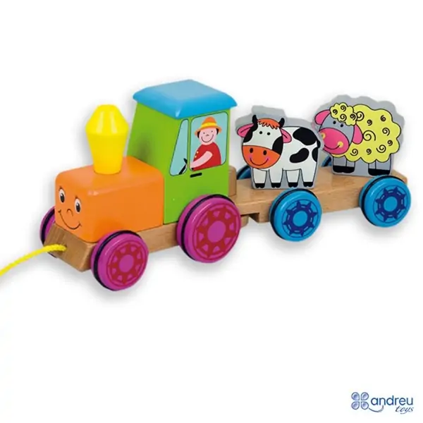 Дървени магнити - тракторче с ремарке, 3 фигури - Andreu toys