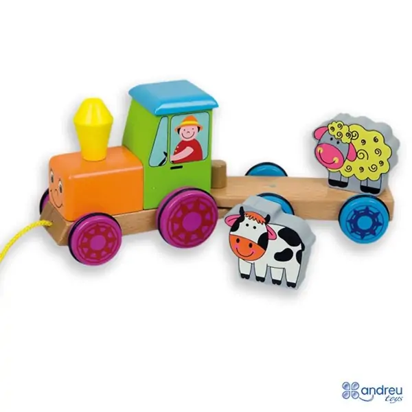 Дървени магнити - тракторче с ремарке, 3 фигури - Andreu toys