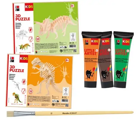 Дървен 3D Пъзел Dino 2 броя, с бои за оцветяване, Marabu Kids -Marabu