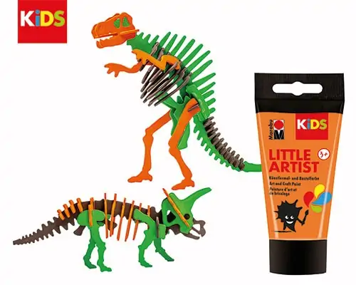 Дървен 3D Пъзел Dino 2 броя, с бои за оцветяване, Marabu Kids -Marabu
