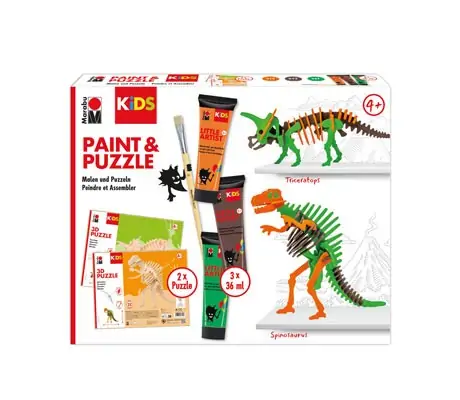 Дървен 3D Пъзел Dino 2 броя, с бои за оцветяване, Marabu Kids -Marabu