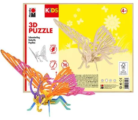Дървен 3D Пъзел Пеперуда 16 части, Marabu Kids -Marabu