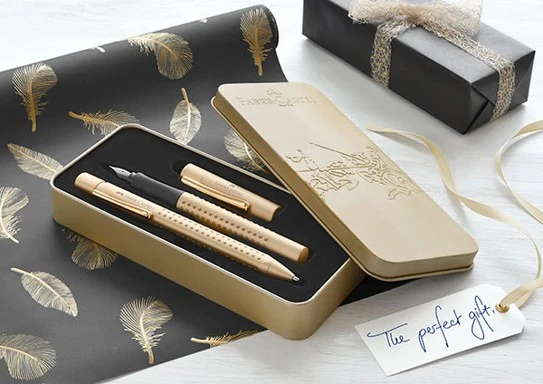 Метална кутия за две пишещи средства празна, цвят златна - Faber Castell
