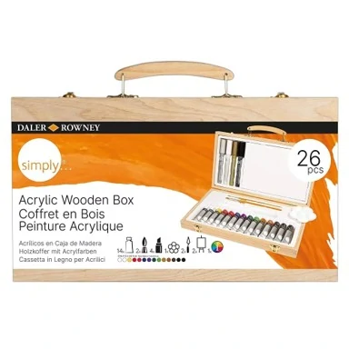 Акрилен сет Simply Acrylic Box, 26 части, в дървена кутия-куфар - Daler Rowney